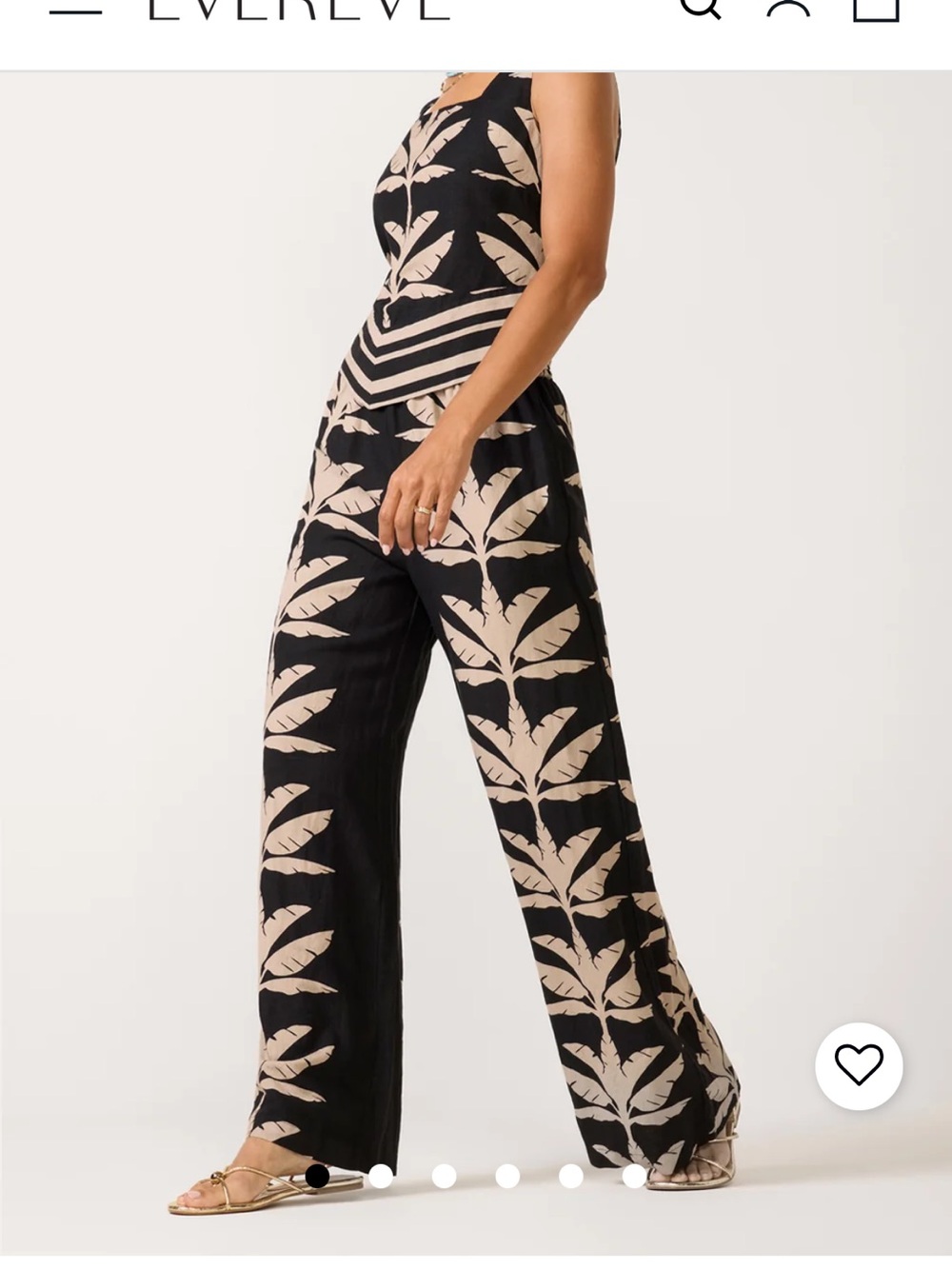 Evereve Dani Black Wide-Leg Linen Pant with Cream Leaf Print